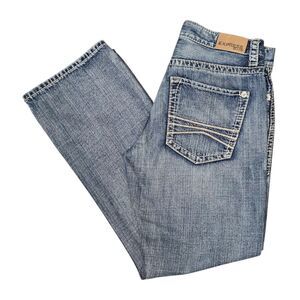 Express Men's 31 x 32 Blake Loose Low Rise Bootcut Whisker Blue Denim Jeans